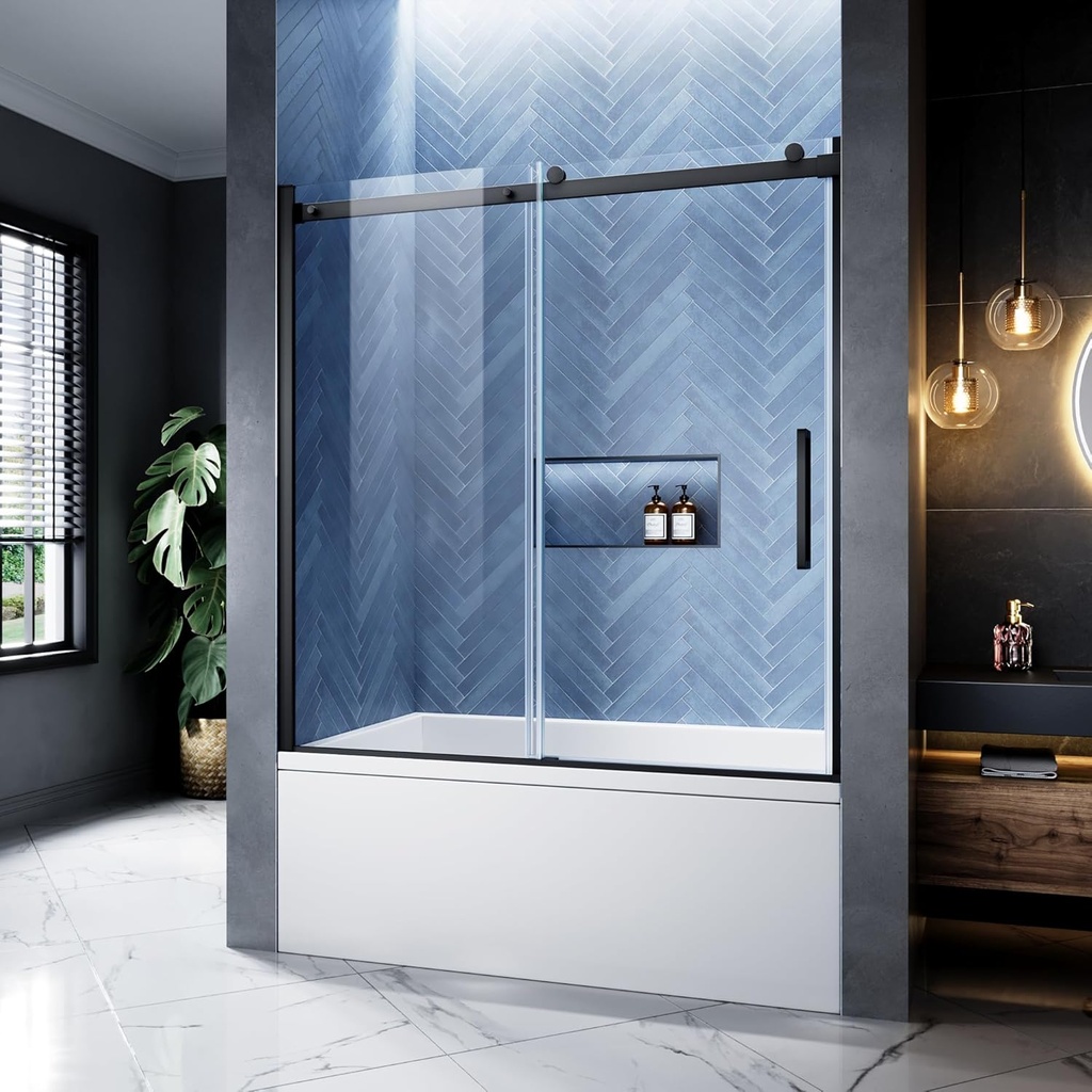 Bathtub Shower Door, 56-60" W x 60" H Frameless Single Sliding Tub Shower Door, 5/16" (8mm) SGCC Clear Tempered Glass with Dual Easy-Clean, Stainless Steel Hardware (Matte Black, 60" W x 60" H)