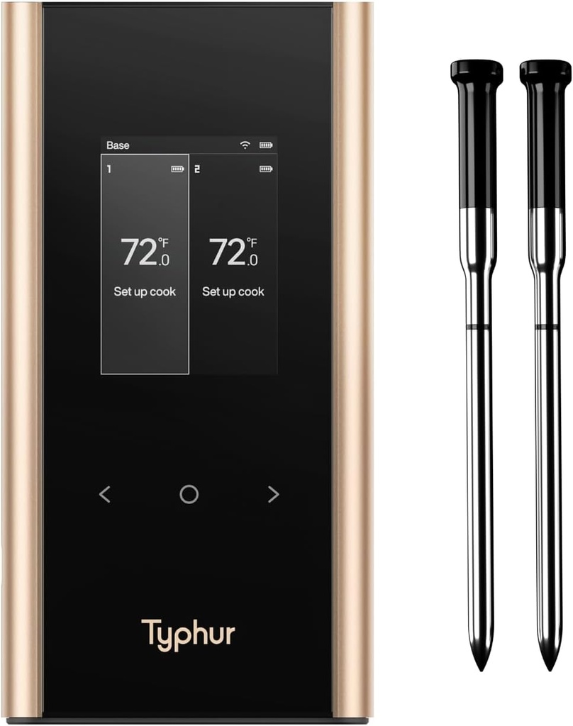 Typhur Sync Gold Wireless WiFi Meat Thermometer, 2 Slim Probes, 6 Sensors, 10x Stronger Signal, ±0.5℉ Accuracy, Smart Base Direct Setup, Reliable Reading Through Kamado Grill BBQ Oven Smoker Air Fryer