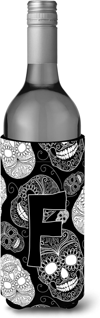 Caroline's Treasures CJ2008-FLITERK Letter F Day of The Dead Skulls Black Wine Bottle Hugger Bottle Cooler Sleeve Hugger Machine Washable Collapsible Insulator Beverage Insulated Holder