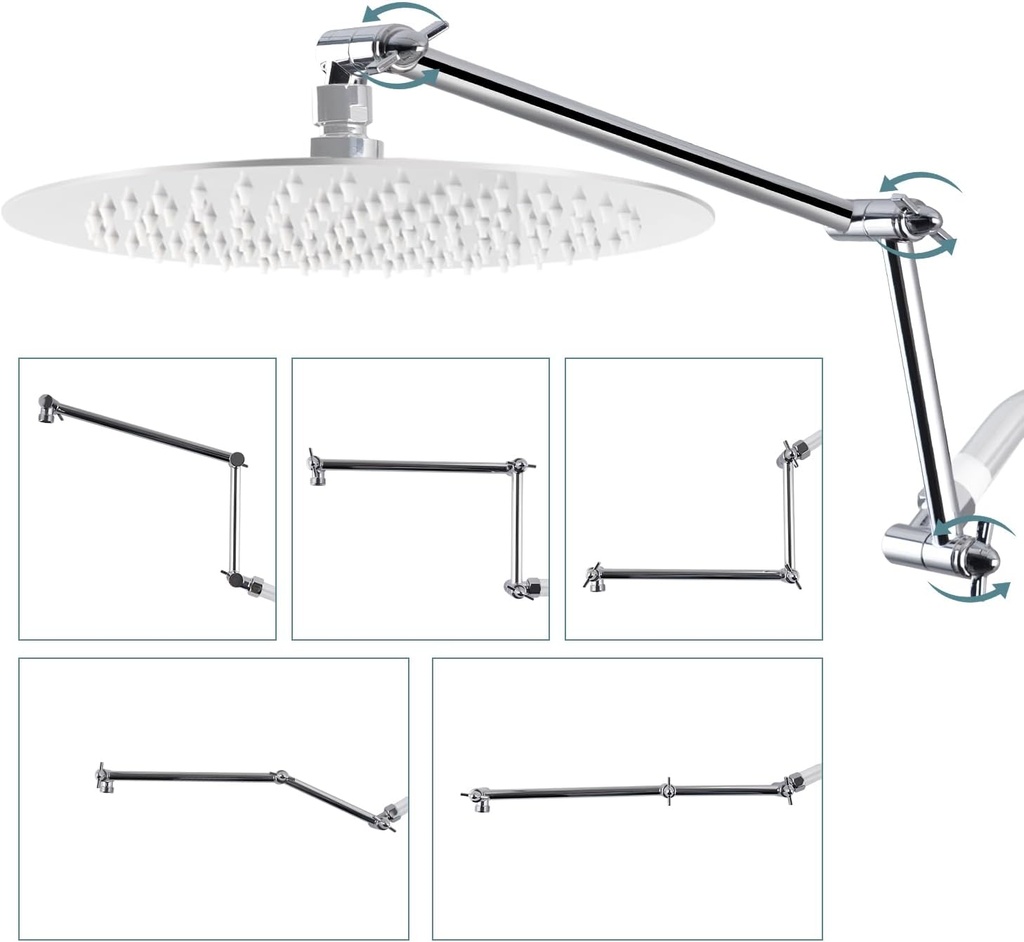 iFealClear All Metal 16" Shower Head Extension Arm, Solid Brass Shower Head Extender Adjustable Height Angle, G1/2 Universal Connection Stainless Steel Pipe with Lock Joint for Rain Showerhead, Chrome