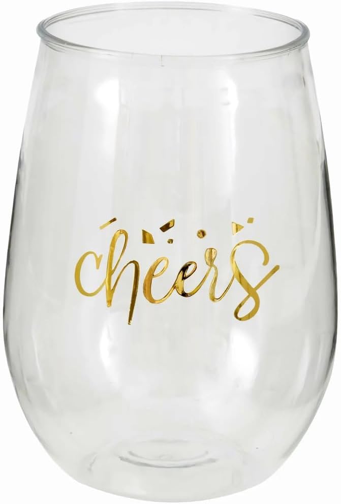 Unique Gold "Cheers" Plastic Stemless Wine Glass - 15oz (1 Pc.) - Perfect for Parties, Weddings & Catering Events