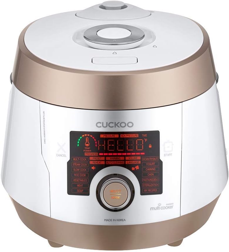 CUCKOO Premium Multi-Pressure Cooker 14 Menu Options: White, Fry, Slow Cook, Porridge, & More, User-Friendly LED Display, Fuzzy Logic Tech, 20 Cup / 5 Qt. (Uncooked) CMC-ASB501F Gold/White