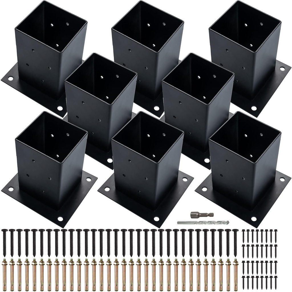 (8 PCS) LADECH 4x4 Wood Fence Post Anchor Base, 2mm Thick Steel and Black Powder Coated,Come with Wood Screws and Concrete Anchors