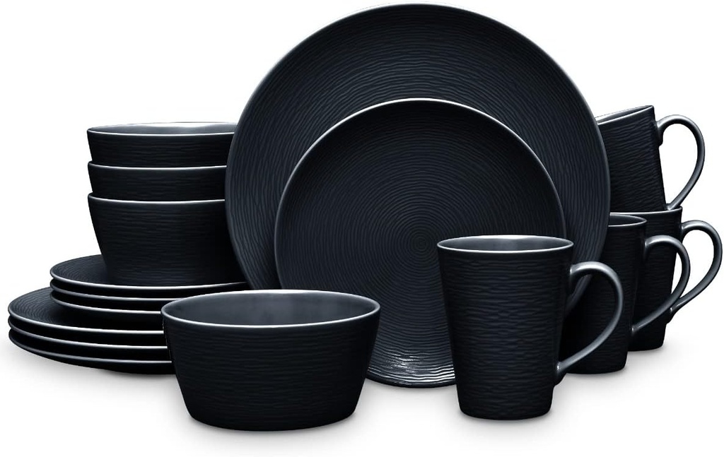 Noritake Colorscapes Black-on-Black Swirl 16-Piece Coupe Dinnerware Set, Service for 4
