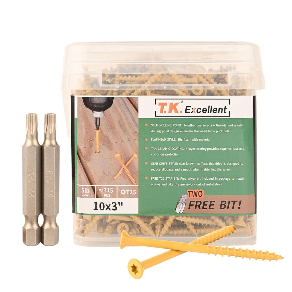 T.K.Excellent Deck Screws 3 Inch Wood Screws #10 x 3, 315 Pcs, Rust Resistant Structural Screws Tan Exterior Fence Screws Torx Drive Screw, Two T25 Bits, Brilliant Yellow Ruspert Coating Rust Proof