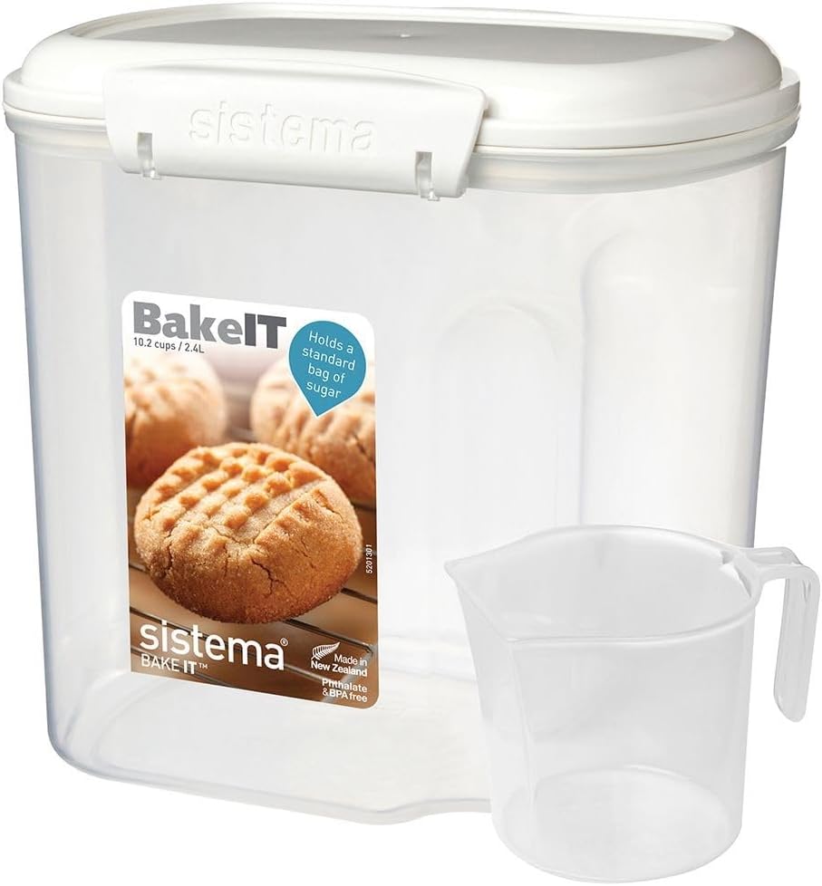 Sistema Flour and Sugar Storage Containers for Pantry with Lids and Measuring Cup, Dishwasher Safe, 10.2-Cup, White