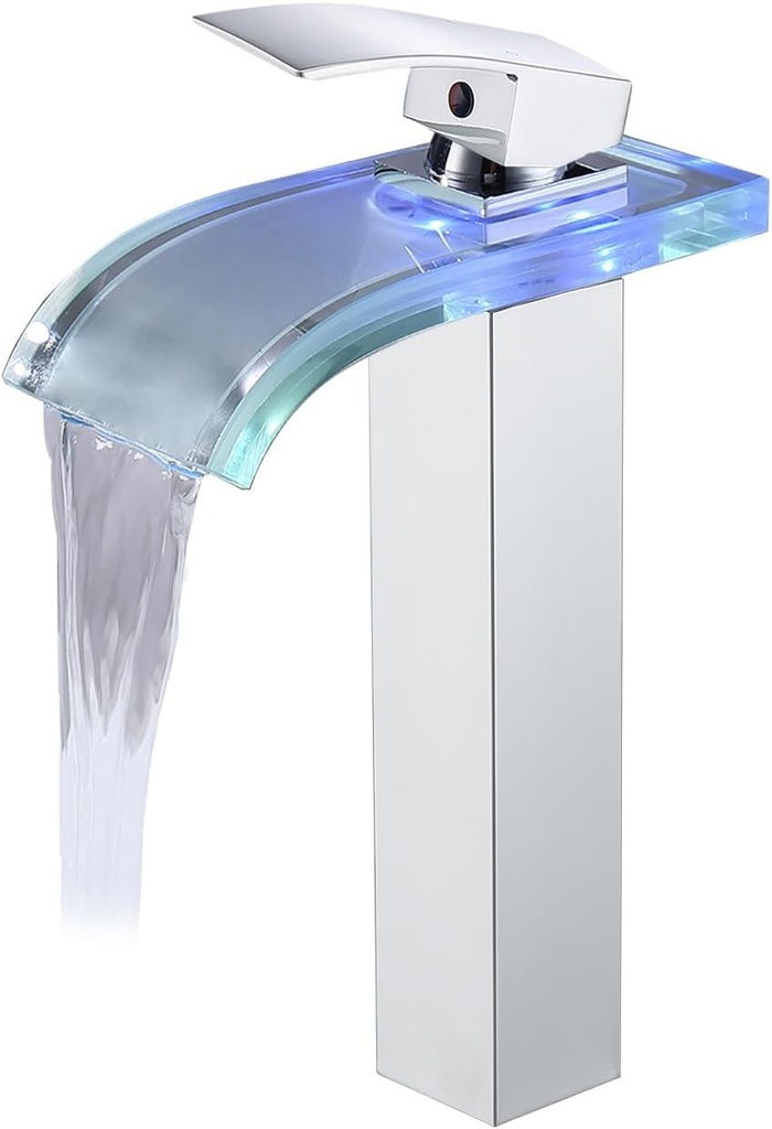 Qeemee LED Bathroom Faucet, Chrome Plated Waterfall Tall Vessel Bathroom Sink Faucet 1 Hole Single Handle Brass with Water Supply Hoses