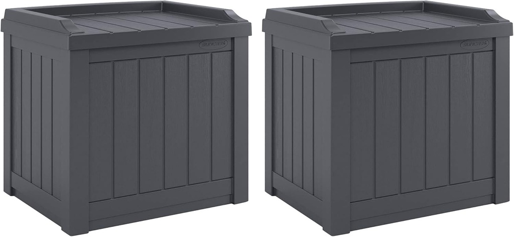 Suncast 2 Pack Small Deck Box Storage w/ Bench Seat for Indoor & Outdoor Use, 22 Gal., Cyberspace