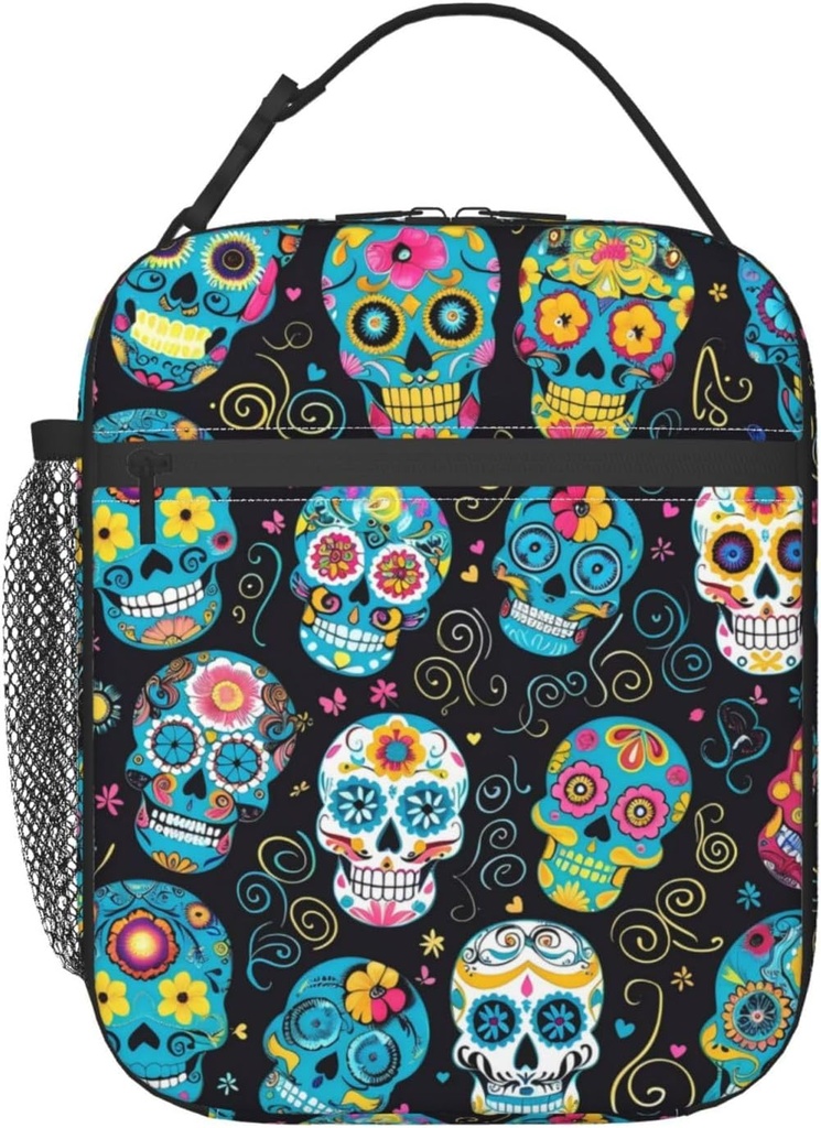 Reusable Colorful Sugar Skull Lunch Box for Kids Girls Boys Women Adult, Insulated Day of The Dead Lunch Bag,Polyester Cooler Handbags Case for School Picnic Work Travel Beach or Hiking