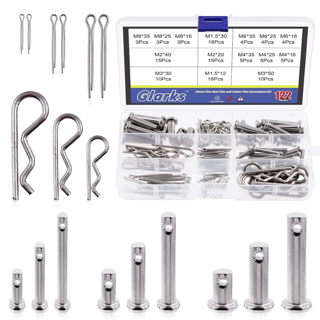 Glarks 122Pcs 4 Styles Clevis Pin/Cotter Pin/Hair Pin/Dowel Pin Assortment Set, 15 Size 304 Stainless Steel Pin Fasteners for Automotive, Mechanics, Cars, Trucks, Lawn Mower Use