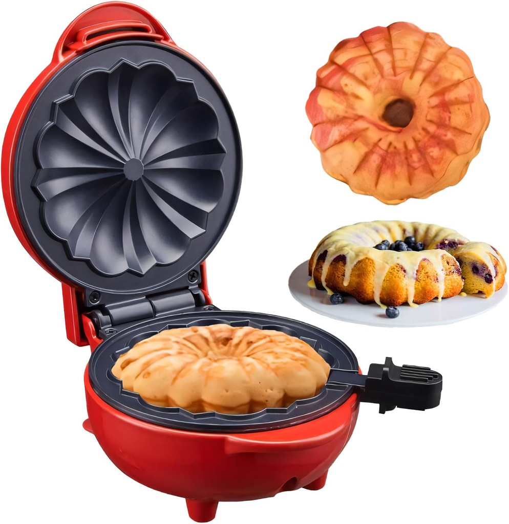 Mini Cake Maker, Portable Mini Bundt Cake Maker Double-Sided Heating, electric cupcake makers for Breakfast, Cake, Snacks (Red)