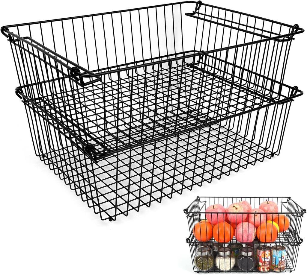 Set of 2 Stackable XXL Wire Baskets For Pantry Storage and Organization -16x12in Large Metal Food Baskets -Vegetable,Fruit,Potato,Onio, Pantry Storage Bins With Handles (Black, XXL)