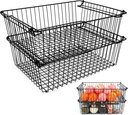 Set of 2 Stackable XXL Wire Baskets For Pantry Storage and Organization -16x12in Large Metal Food Baskets -Vegetable,Fruit,Potato,Onio, Pantry Storage Bins With Handles (Black, XXL)