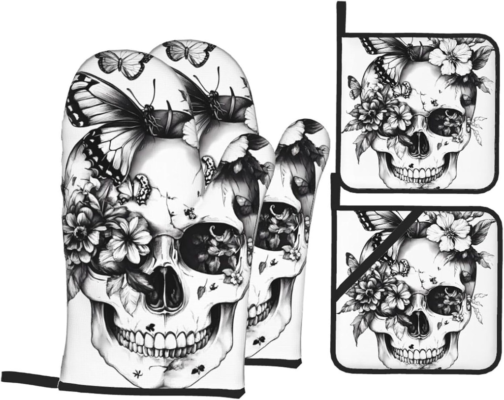 Skull Butterfly Retro Gothic Style Oven Mitts and Potholders,Kitchen Oven Glove with Pot Holders,High Heat Resistant 500 Degree Non-Slip Gloves for BBQ, Grill, Baking, Cooking, Oven, Microwave