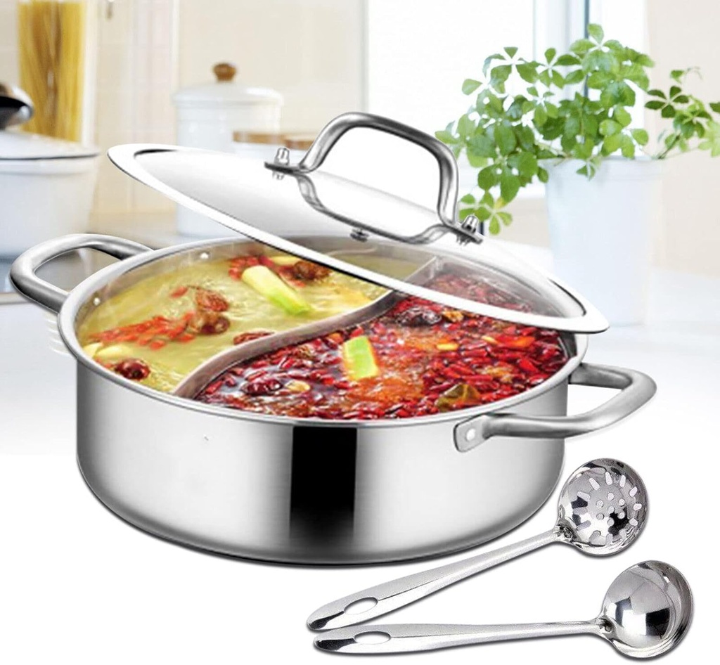 12.6In-Double Lattice Hotpot A Type Stainless Steel Hot Pots Boil Pot with Spoon Ladles and Lid, Cooktop Countertop Burner Steamer Pot Cookware Seafood Boiler for Dorm, Family & Friend Gathering