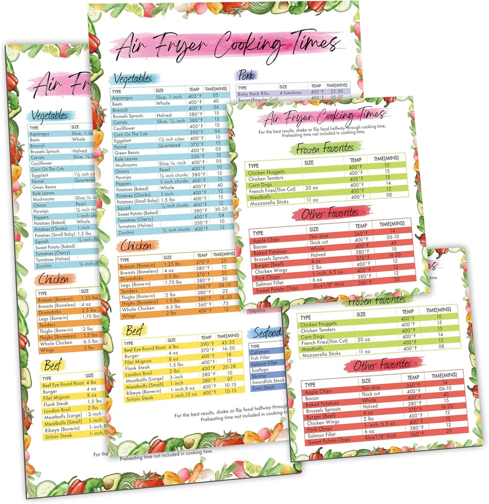 Air Fryer Magnetic Cheat Sheet Set, 2 Magnetic Ver & 2 Removable Tear/Water Resistant Sticky Ver plus 68 Waterproof Blank Labels, Air Fryer Accessories Cook Times Quick Reference Guide for Cooking