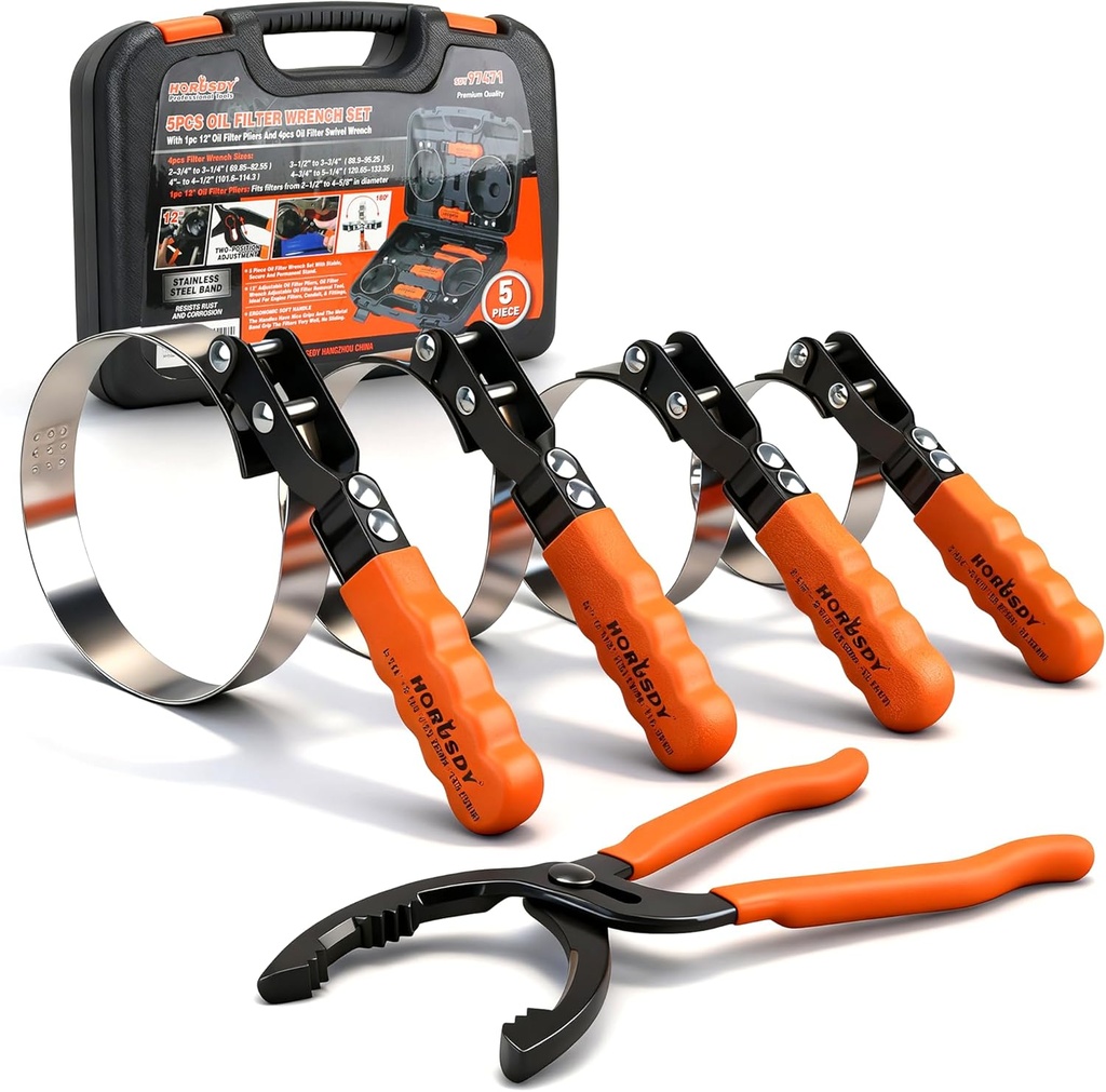 HORUSDY 5-Piece Standard Swivel Oil Filter Wrench, 2-3/4" - 5-1/4"(68.85-133.35mm) Ajustable Car Oil Filter Removal Tool, Durable & Easy Operation