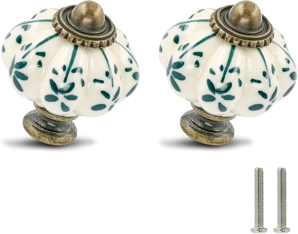 Ivory & Green Pumpkin Knobs 12 Pack Ceramic Cabinet Knobs Vintage Drawer Pulls - Antique Dresser Pulls with Screws - Green Flower