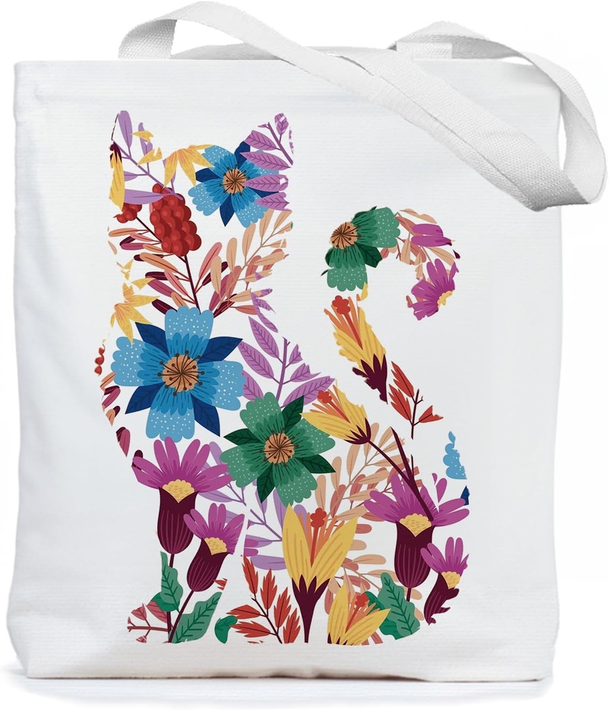 Chicimln Boho Floral Cat Tote Bag, Cat Lovers Mom Lady Gifts Canvas Tote Bags for Women, Rustic Flower Botanical Kitten Reusable Grocery Shopping Bags
