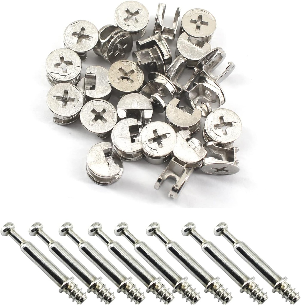 25Pcs Furniture Connecter Fixing Screws Eccentric Cam Lock with Metal Self-Ttapping Dowels Screws for Wardrobe Drawer Cabinet Furniture Panel Connecting 1 Style