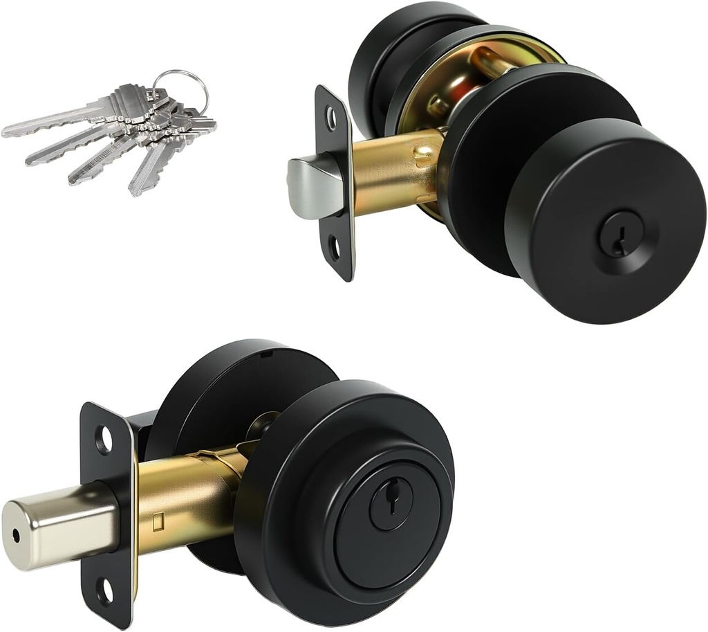 Matte Black Door Knob and Deadbolt Set,Single Cylinder Deadbolt Lock and Door Knob with Lock, Keyed Alike Door Locks for Front Door