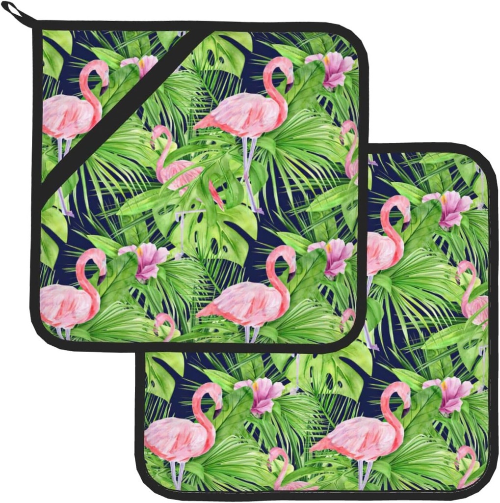 Pink Flamingo Pot Holders for Kitchen Set of 2,Green Tropical Leaves Potholder Heat Resistant Potholder for Microwave Cooking Baking Oven End Dishes and BBQ