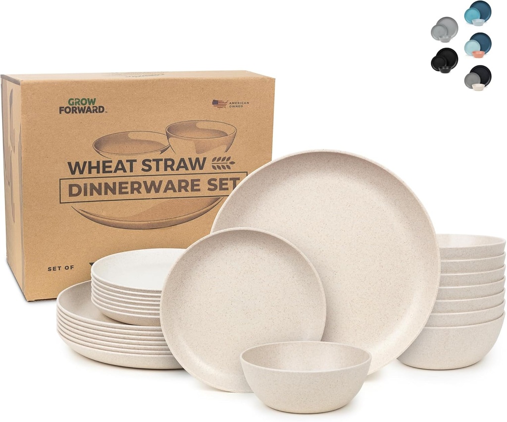 Grow Forward 24-piece Premium Wheat Straw Dinnerware Sets for 8 - Unbreakable Dishwasher & Microwave Safe Plastic Plates and Bowls Sets - Patio, Outdoors, RV, Camping Dishes - Sahara