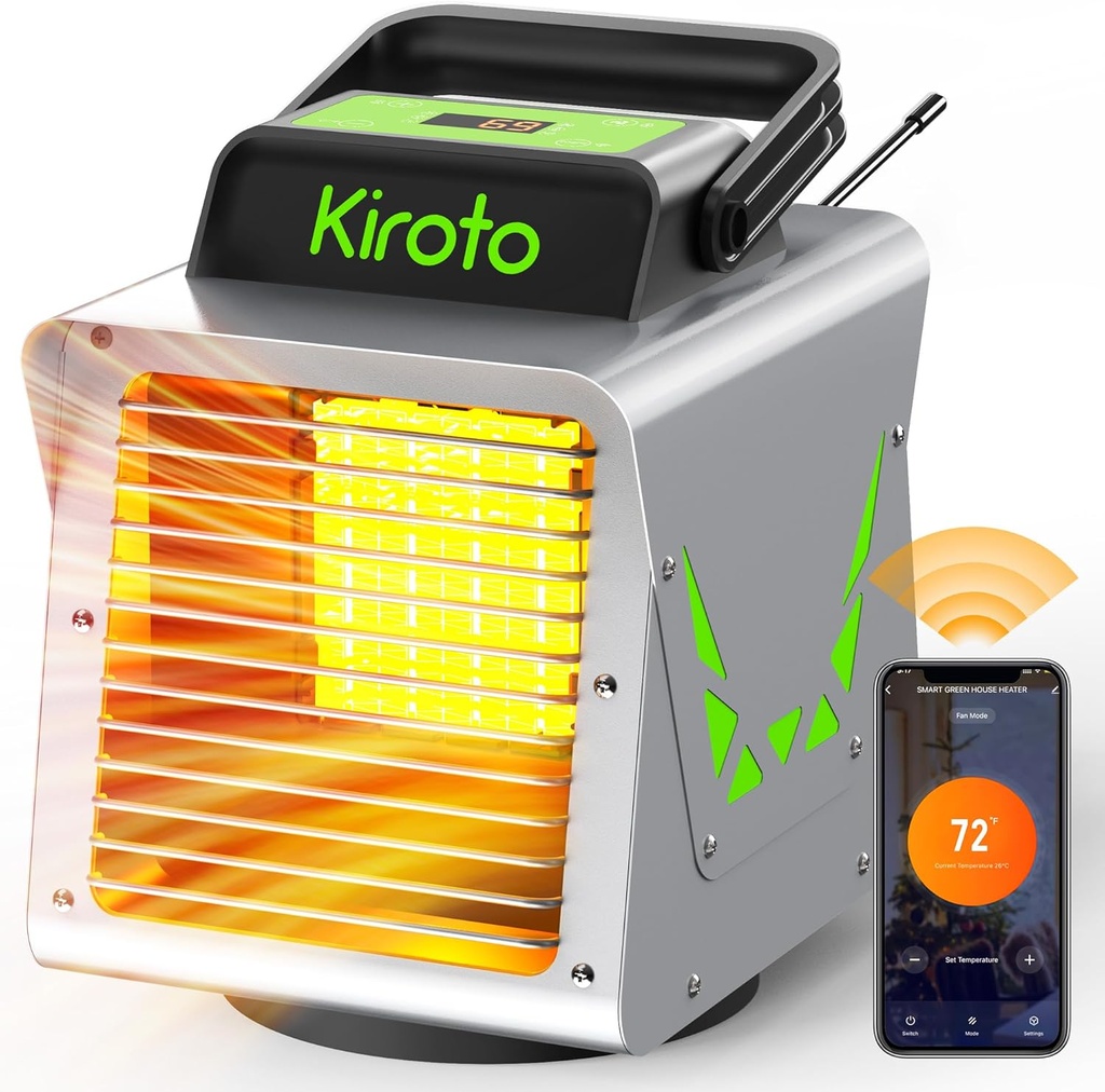 Kiroto 1500w Greenhouse Heater,with APP Remote Control, Portable Outdoor Winter Heater With Thermostat For Plants & Vegetables Grow Tent, Smart Safe