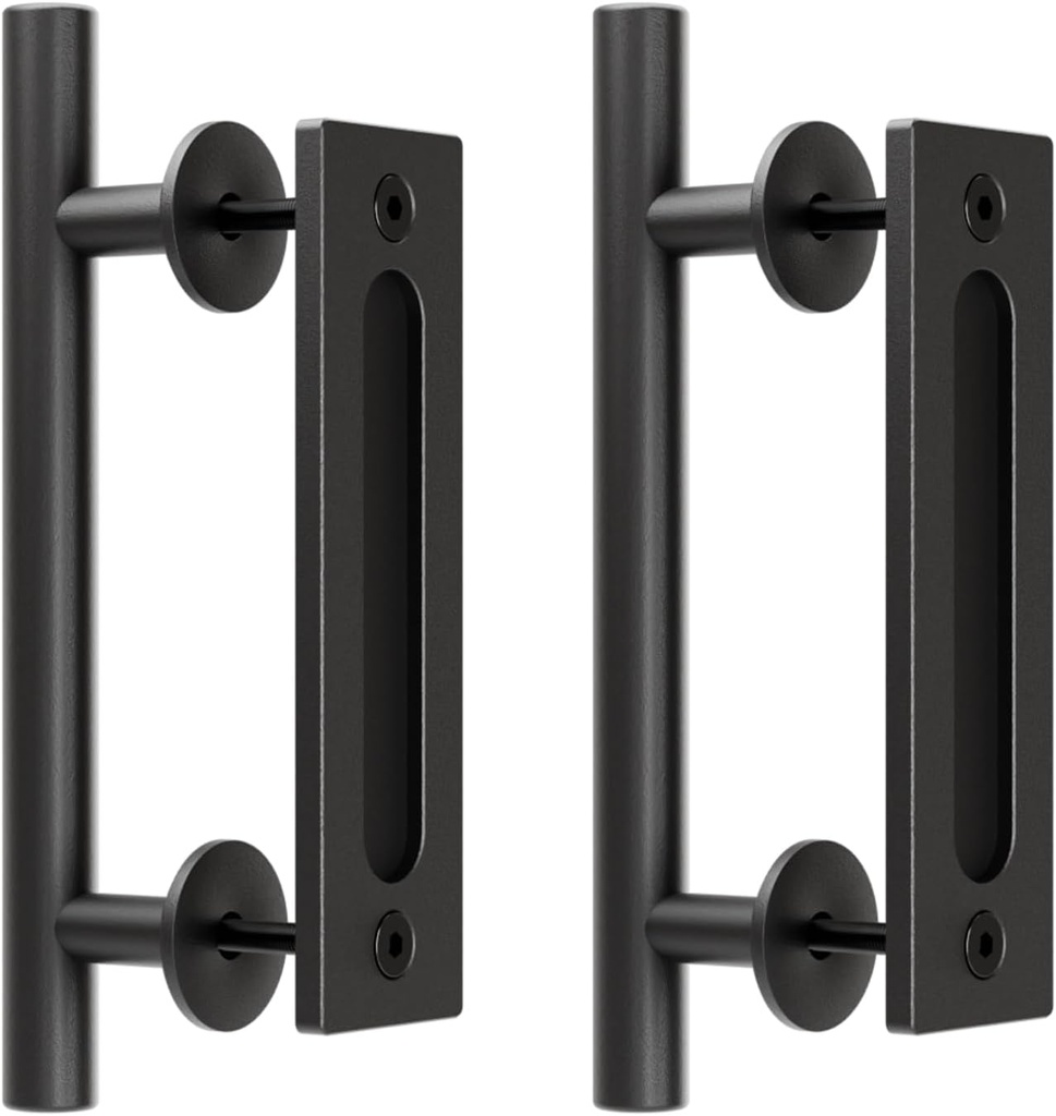 2 Pack Modern 9.5" Sliding Barn Door Pull Handle with Flush Hardware Set Rustic Design Black Powder Coated Finish, Anti-Rust, Heavy Duty Both Side Handles Design