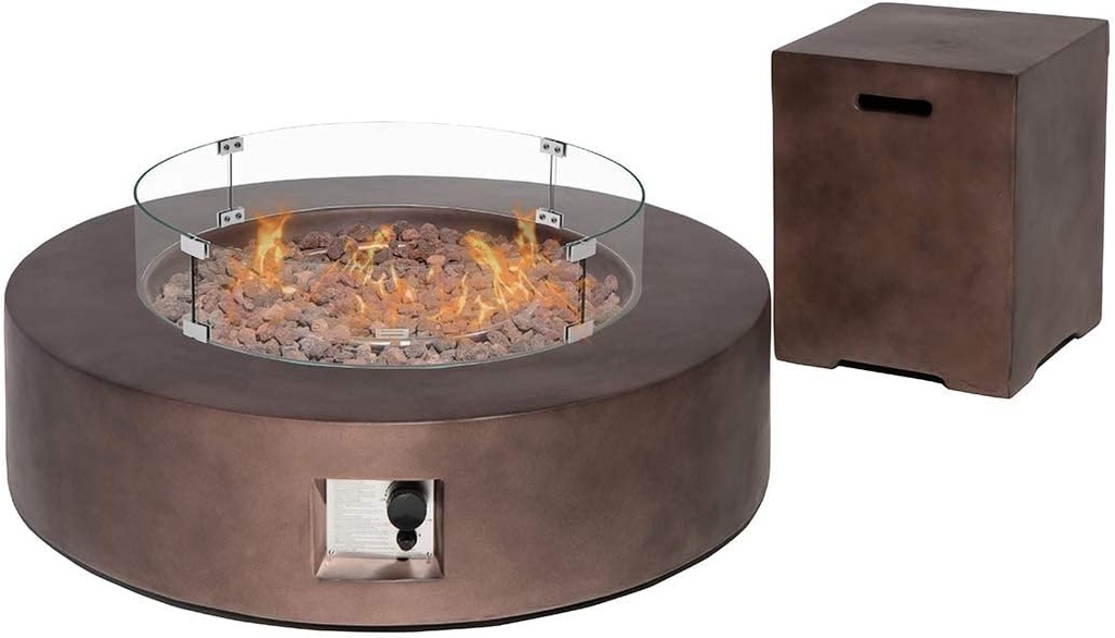 HOMPUS Outdoor Propane Fire Pit Table 42-inch 50,000 BTU Round Bronze Concrete Gas Fire Table w Tank Cover,Wind Guard,Lava Rocks,Rain Cover Smokeless FirePit for Outside Patio,Garden,Deck,Backyard