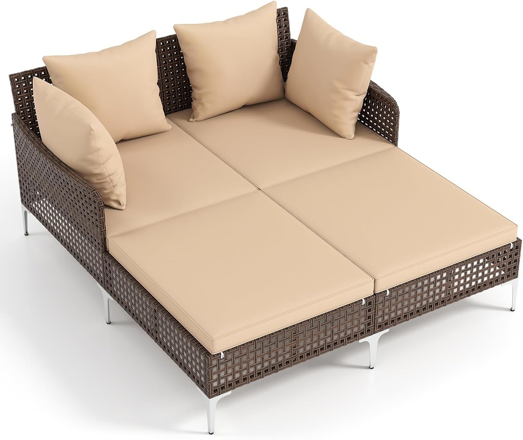 Tangkula Outdoor Rattan Double Daybed, Boho Wicker Chaise Lounge for 2 with Seat & Back Cushions, Outdoor Sunbed Loveseat with Metal Support for Backyard, Poolside & Deck (Brown)