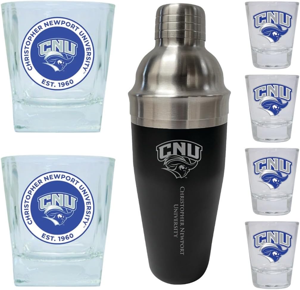 R and R Imports Christopher Newport Captains Officially Licensed Collegiate Barware Set – 7-Piece Cocktail & Whiskey Glass Gift Pack