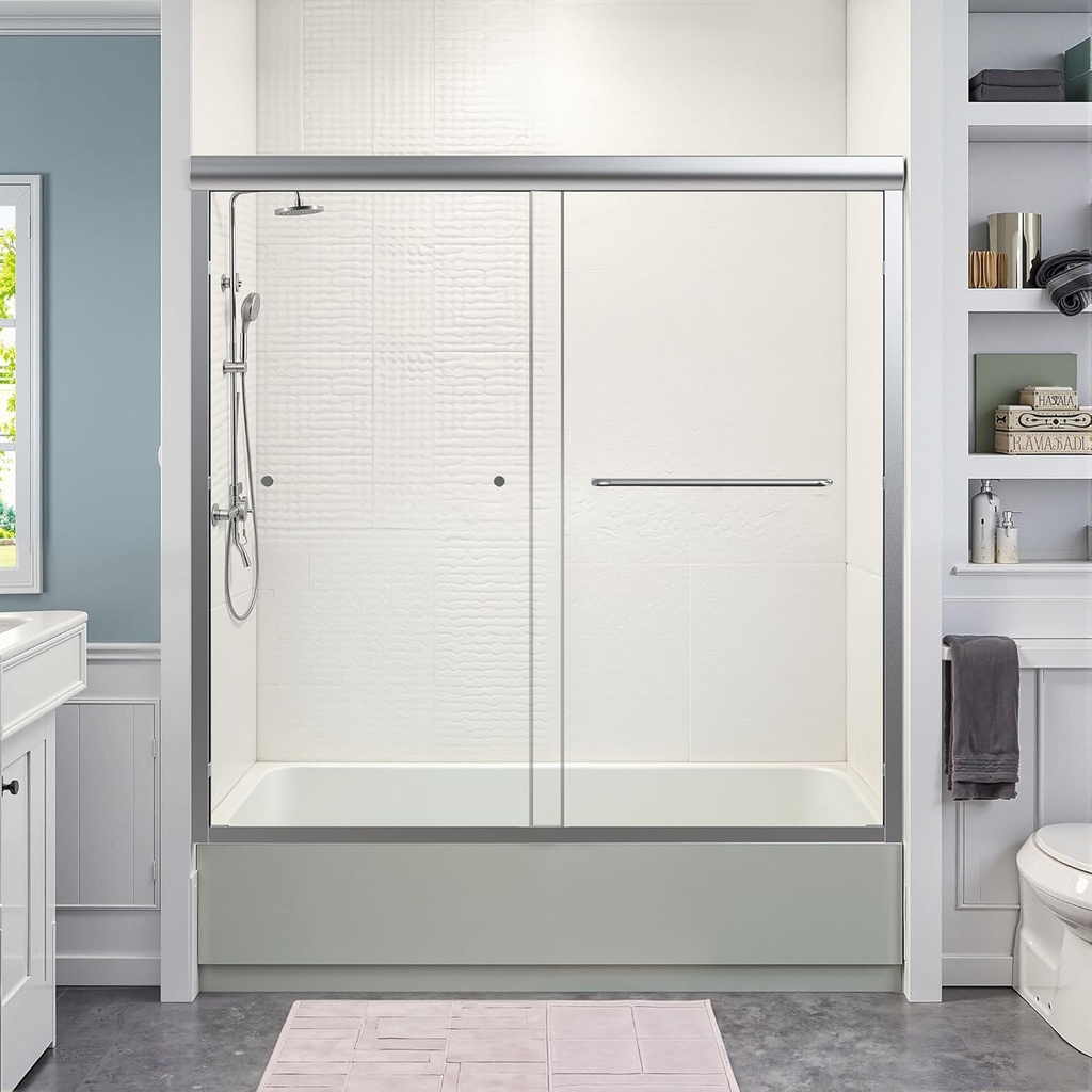 Shower Doors 56-60 in. W x 58 in. H Bathtub Shower Glass Door Double Sliding Doors with 1/4" (6mm) SGCC Tempered Glass and Stainless Steel Handle for Bathroom, Chrome