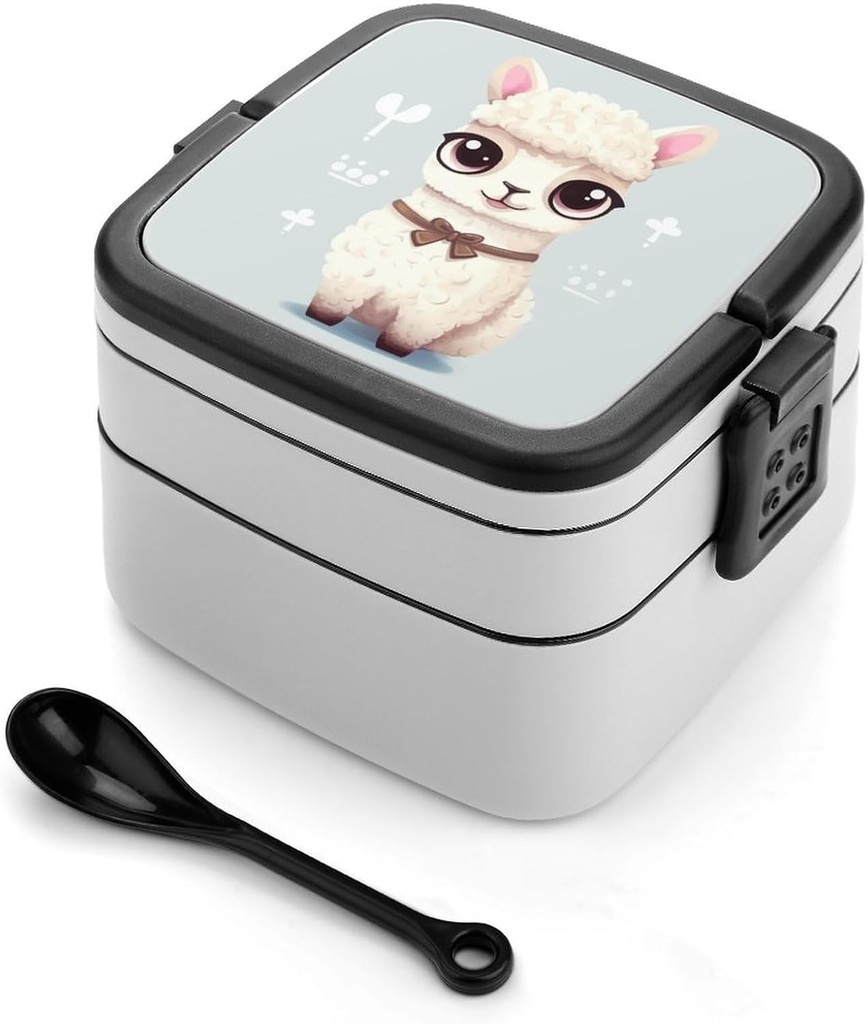 Cute Animal Alpaca Bento Box with Spoon, 2-layer Stackable Lunch Box Leak Proof with Invisible Handle, Insulated Food Storage for Office, Picnic & Travel