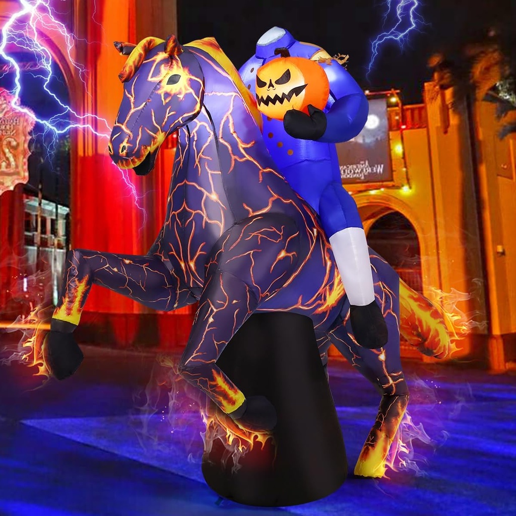 COMIN 6FT Long Halloween Inflatables Headless Horseman Outdoor Decorations Blow Up Lightning Horse Yard with Built-in LEDs for Indoor Party Garden Lawn Decor