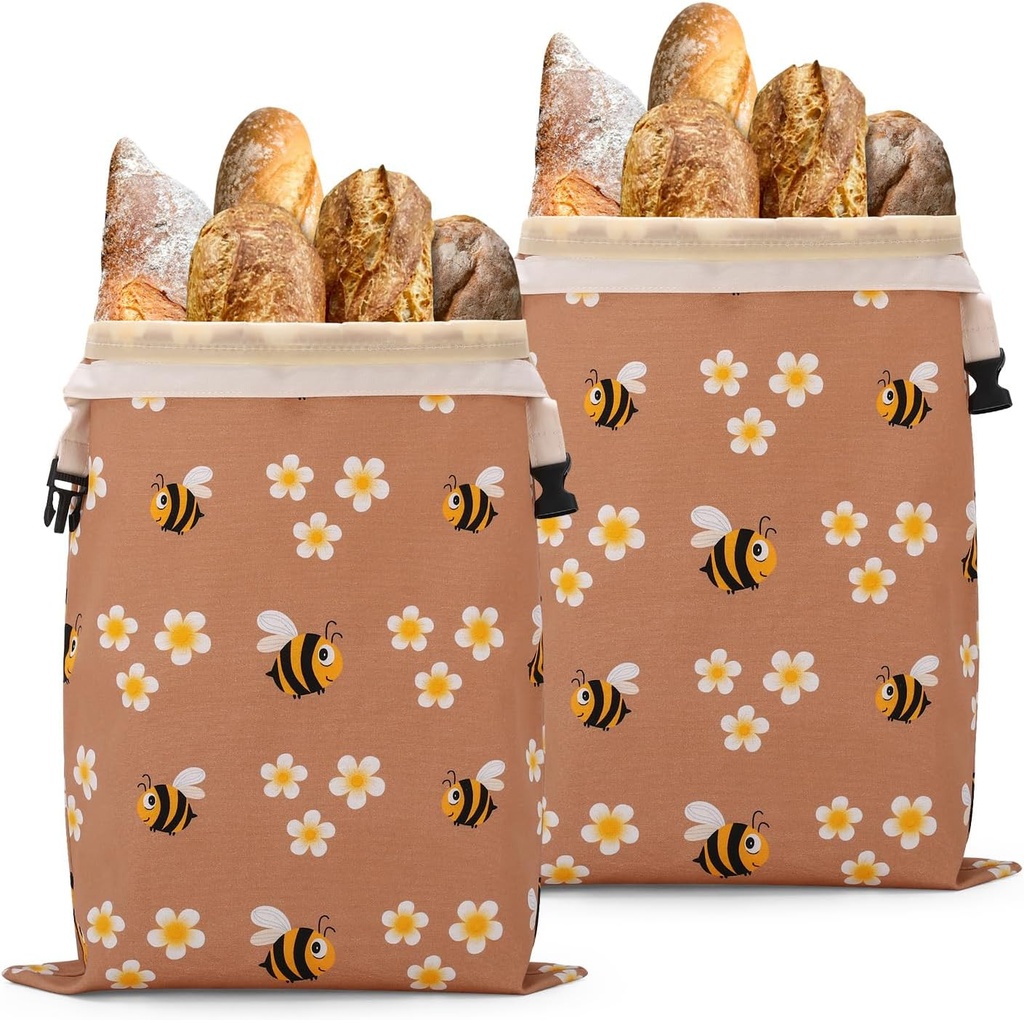 2 Packs Reusable Cotton Beeswax Bread Bags with Bee and Flower Patterns,Large Storage Containers to Keep Homemade Sourdough Fresh