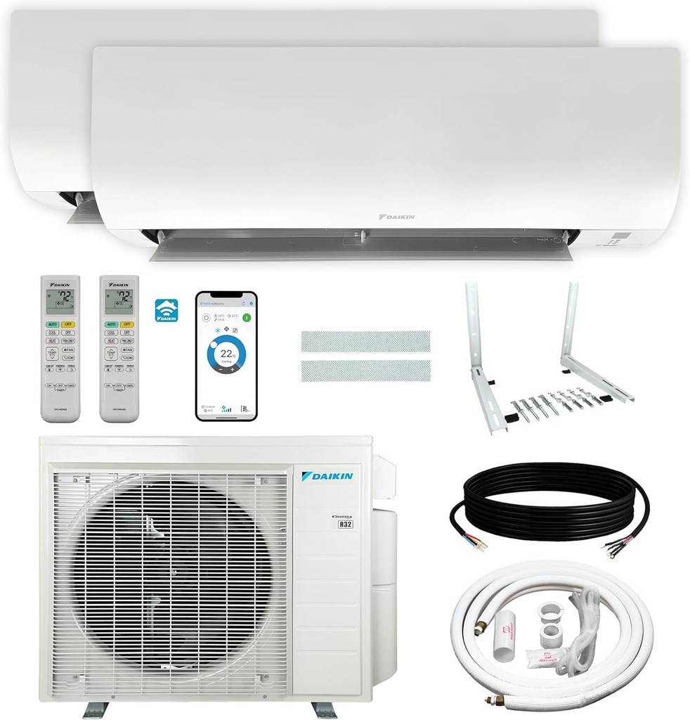 Daikin 24,000 BTU (15K + 15K) 21SEER2 Dual Zone Mini Split Air Conditioner Heat Pump R-32 System with Maxwell 15 ft. Installation Kit and Wall Mounting Bracket