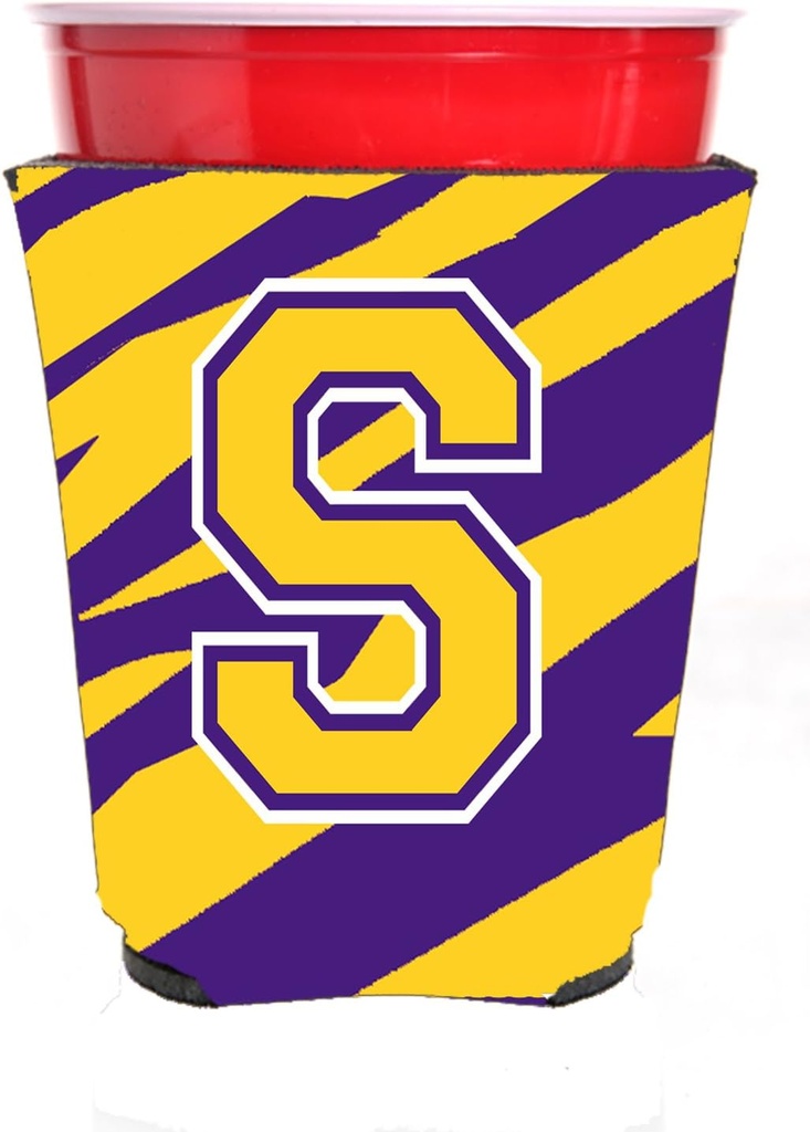 Tiger Stripe - Purple Gold Letter S Monogram Initial Red Solo Cup Beverage Insulator Hugger