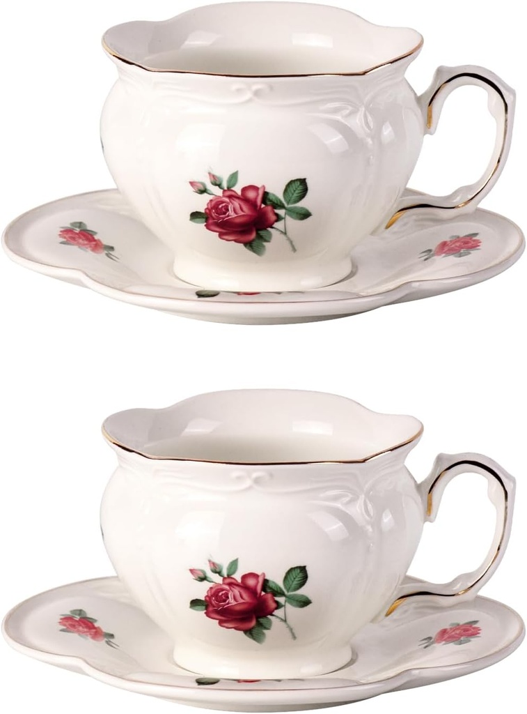 KAMMAK Tea Cups and Saucers Set of 2, Porcelain Coffee Cups, 6.8-Ounce Stackable Espresso Mugs, Ceramic Demitasse for Coffee, Latte, Americano, Tea, Baroque Rose