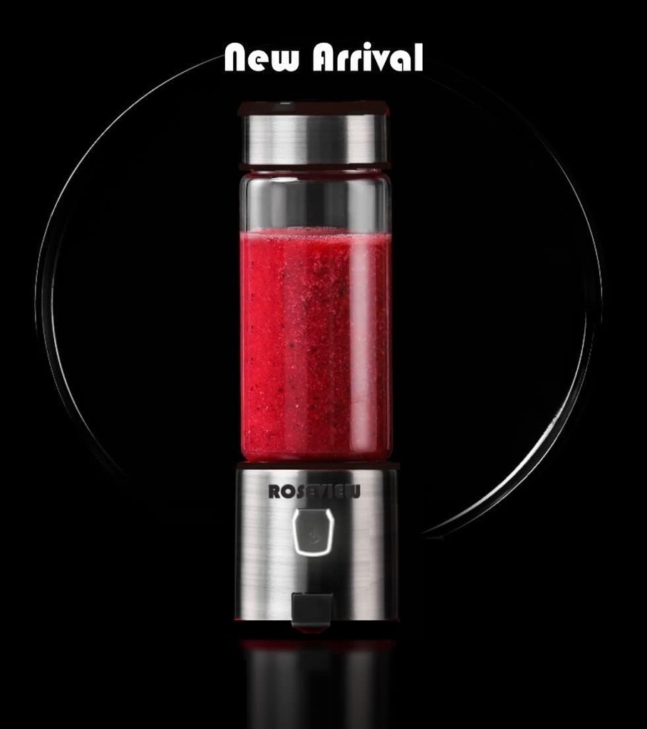 Portable Smoothie Blender ROSEVIEW Glass Cordless Mini Shakes Cup blend for smoothies USB rechargeable juicer 2 battery Handheld Personal travel Jet mixer (BLK Steel)