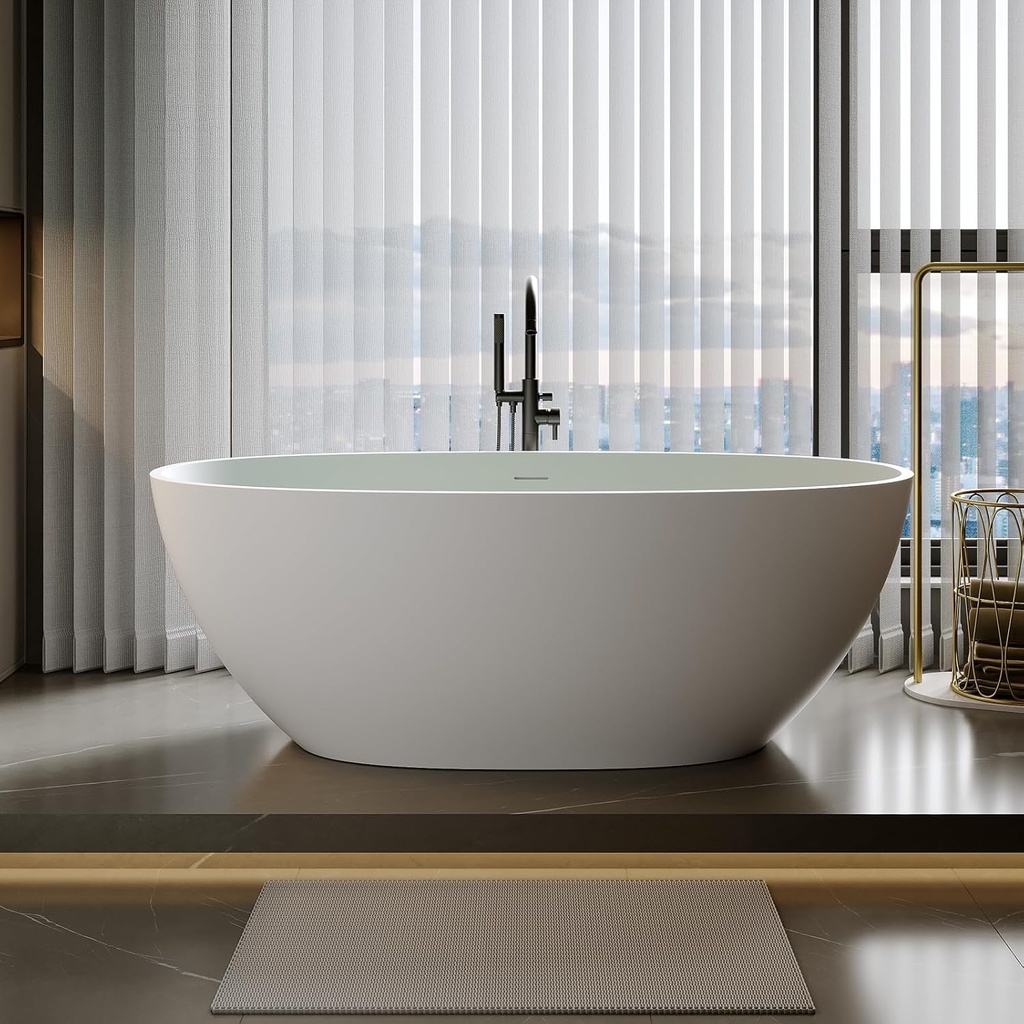 Solid Surface Matte Tub, Solid Surface Soaking Tub, Stone Resin Freestanding Bathtub, Thick Edge Stand Alone Tubs with Overflow, Pop-up Drain, Matte White (Oval) (Matte white, 59″*30.7″*22″)