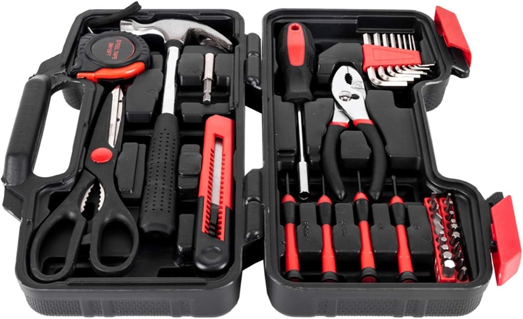 39pcs Tool Kit,39-Piece All Purpose Household Red Tool Kit, Includes All Essential Tools for Home, Garage, Office and College Dormitory Use