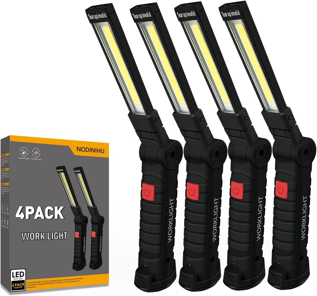 Working Light Portable, Rechargeable Work Lights with Magnetic Base Hanging Hook,360° Rotate 5 Modes,COB LED 800 Lumens Foldable Inspection Light for Car Repair, Grill and Outdoor Use(4pack)