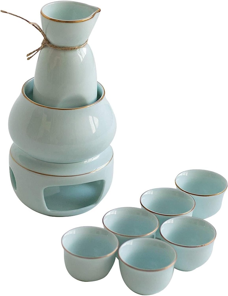 Sake Set and Cups with Warmer, Traditional Porcelain Japanese Pottery Hot Saki Drink Set Kit, 7-Piece Include 1 Stove 1 Warming Bowl 1 Sake Bottle 4Cup,Blue,10pcs