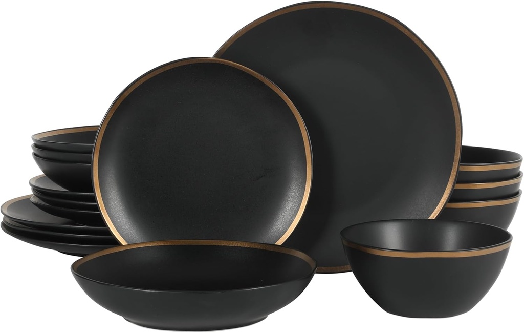 Gibson Elite Kings Road Double Plates and Bowl Organic Round Porcelain Dinnerware Set - Matte Black w/Gold Rim