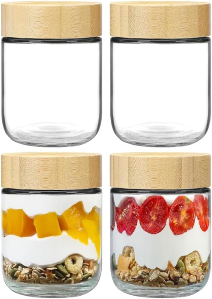 4 Pack Overnight Oats Containers with Bamboo Lids, 16 oz Wide Mouth Glass Mason Jars, Airtight Jars Oatmeal Cups for chia Pudding Yogurt Salad Cereal, Glass Meal Prep Containers with Lids