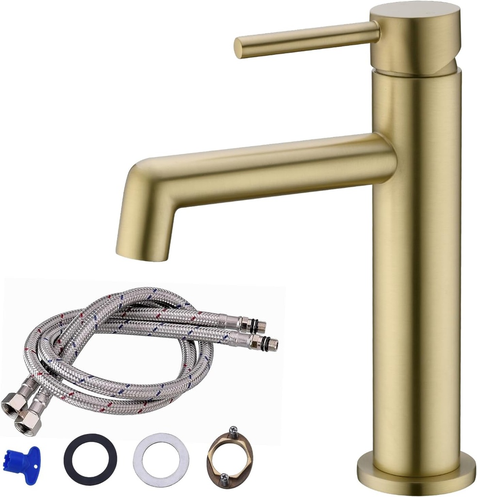 TRUSTMI Brushed Gold Single Hole Bathroom Faucet, Single Handle Brass Bathroom Sink Faucets with Water Supply Lines, 1-Hole Deck Mount