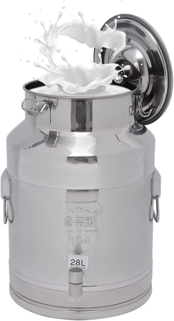 Stainless Steel Milk Can, 28L/7.4Gal Metal Drink Dispenser Airtight Canister with Faucet & Lid, Wine Beverage Storage Container Bucket for Kitchen Restaurant Party, W11.8*H17.3in