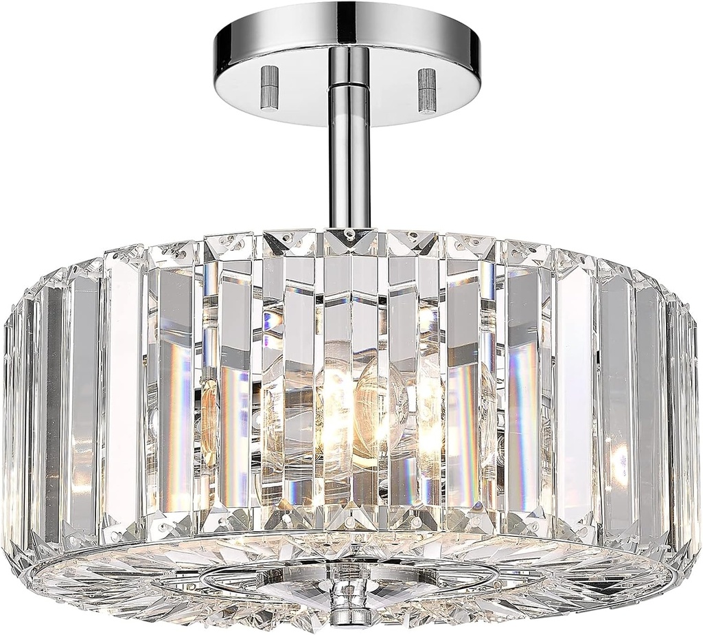 Crystal Light Fixture, Modern 2-Light Chrome Flush Mount Light Fixture, 11" Round Crystal Chandelier for Bedroom Entryway Kitchen Hallway Lighting, SF004-2-CH