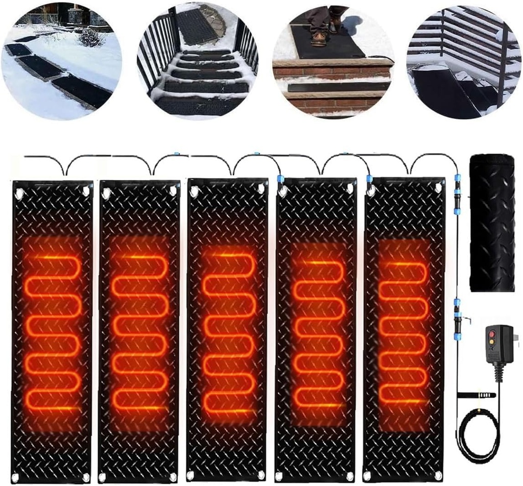Snow Melting Walkway Mat, 1/2/3/4/5 pcs Anti-Slip Rubber Heated Stair Mat,Snow Melting Mats Outdoor,Electric Snow Melting Mats for Winter Snow Removal,Outdoor Heated Mat Walkway(5 Pcs,12x48in